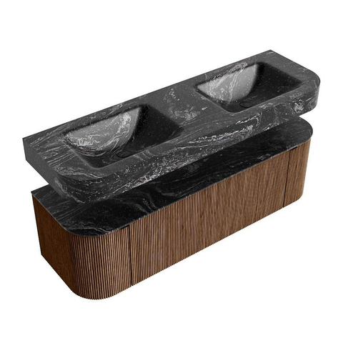 MONDIAZ THOR-DLUX 150cm badmeubel ronding links + rechts kleur Walnut met 1 lade en 2 deuren. Vrijhangende wastafel CLOUD Dubbel zonder kraangat kleur Lava. SW1464664