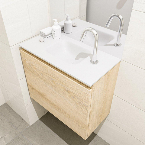 MONDIAZ OLAN Fonteinset - 60x30x40cm - 1 kraangat - 1 lade - washed oak mat - wasbak midden - Solid Surface Wit SW473447
