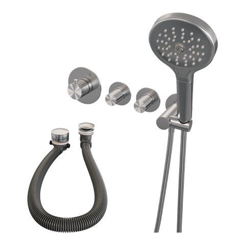 BRAUER Stripe Mitigeur thermostatique de bain - SET 02 - encastré - combinaison de remplissage de baignoire - douchette 3 positions - flexible de douche - coude mural - couleur inox brossé PVD SW1435059
