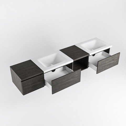 MONDIAZ BUKLA 200cm ensemble de meuble avec module ouvert 40 à droite couleur Marron Foncé avec 3 tiroirs. Lavabo CLOUD double 2 trous de robinet couleur Talc. SW1382132