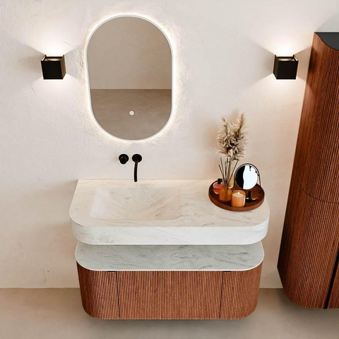 MONDIAZ THOR-DLUX 110cm meuble de salle de bains arrondi gauche + droite couleur Ruby avec 1 tiroir et 2 portes. Vasque suspendue CLOUD Gauche sans trou de robinet couleur Opalo. SW1462871