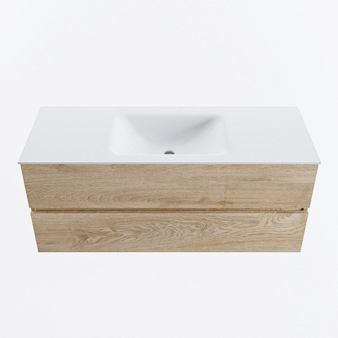 MONDIAZ VICA meuble sous lavabo 120cm Chêne blanchi 2 tiroirs. Lavabo CLOUD centre 1 trou de robinet, couleur Talc. SW1381901