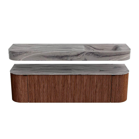 MONDIAZ THOR-DLUX 160cm meuble de salle de bains arrondi gauche + droite couleur Ruby avec 1 tiroir et 2 portes. Vasque suspendue CLOUD Droite 1 trou de robinet couleur Sombra. SW1465378