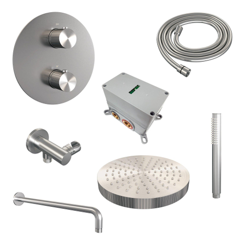 BRAUER Stripe Thermostatische Inbouw Regendouche - 3-weg - rond - SET 38 - 25cm douchekop - gebogen muurarm - staaf handdouche - doucheslang - wandaansluitbocht - RVS-kleurig geborsteld PVD SW1435079