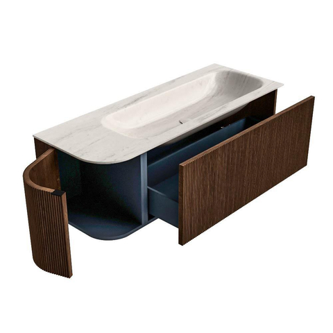 MONDIAZ KURVE-DLUX meuble de salle de bain 125 cm arrondi à gauche couleur noyer avec 1 tiroir et 1 porte. Lavabo BIG MEDIUM à droite 1 trou de robinet Meli. SW1431702