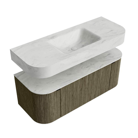 MONDIAZ THOR-DLUX 120cm meuble de salle de bains arrondi gauche + droite couleur Shadow avec 1 tiroir et 2 portes. Vasque suspendue CLOUD Milieu 1 trou de robinet couleur Opalo. SW1463161