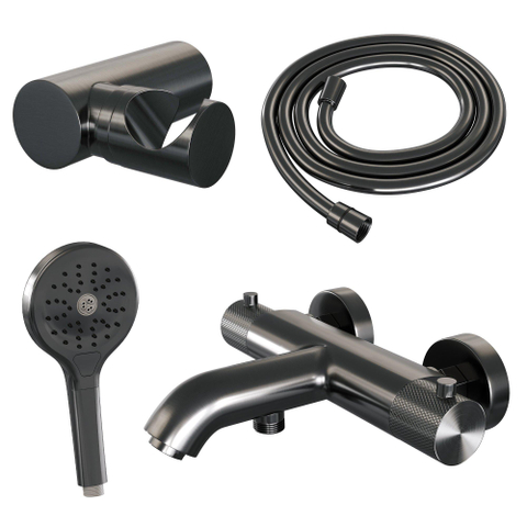 Robinet de baignoire Brauer Gunmetal - ensemble de douche - douchette ronde 3 positions - bouton carving - PVD - gunmetal brossé SW1164645