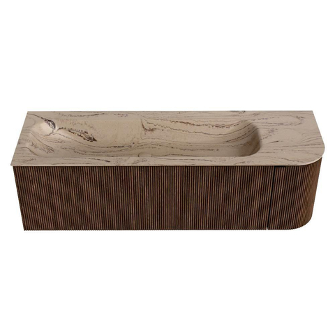 MONDIAZ KURVE-DLUX 145cm badmeubel ronding Rechts kleur Walnut met 1 lade en 1 deur. Wastafel BIG LARGE Links zonder kraangat Arena. SW1431225