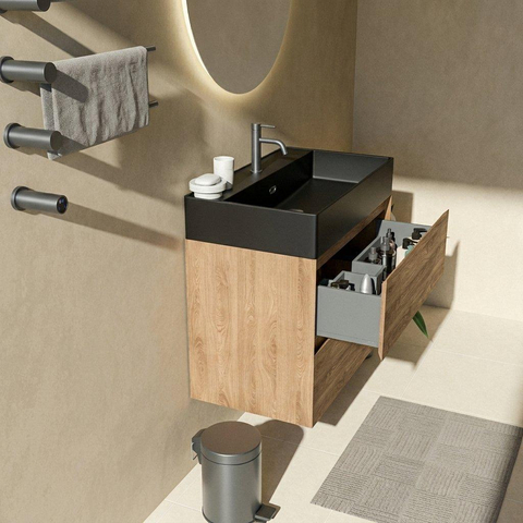 Saniclass Holz Pure Badkamermeubelset - 80x45x72cm - Legend keramische wastafel mat zwart - 1 wasbak - 1 kraangat - 2 lades - mat eiken natural (hout) SW1580182