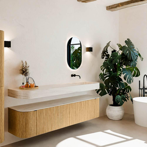 MONDIAZ THOR-DLUX Meuble de salle de bains 190cm arrondi gauche + droite couleur Oak avec 2 tiroirs et 2 portes. Vasque suspendue CLOUD Droite sans trou de robinet couleur Meli. SW1466719