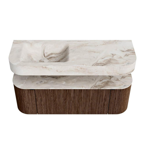 MONDIAZ THOR-DLUX Meuble de salle de bains 130cm arrondi gauche + droite couleur Walnut avec 1 tiroir et 2 portes. Vasque suspendue CLOUD Gauche sans trou de robinet couleur Frappe. SW1463571
