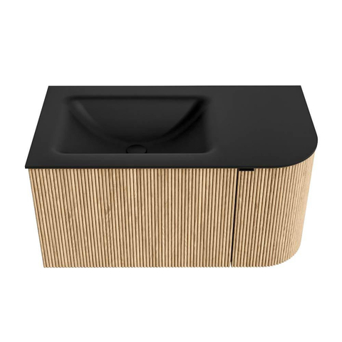 MONDIAZ KURVE 85cm badmeubel met module 25 R kleur Oak met 1 lade en 1 deur. Wastafel CLOUD links zonder kraangat Urban. SW1138335