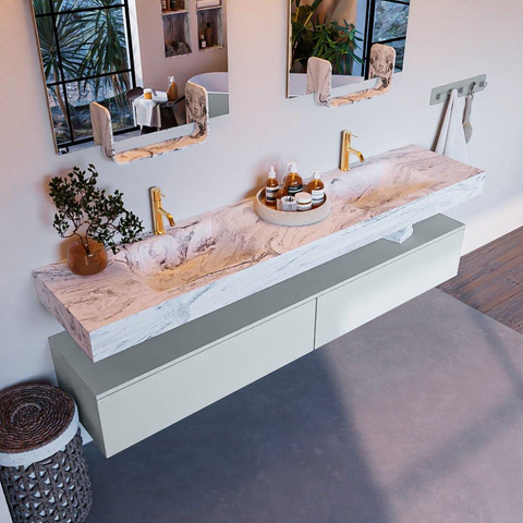 Mondiaz ALAN-DLUX Ensemble de meuble - 200cm - meuble Clay mat - 2 tiroirs - Lavabo Cloud Glace suspendu - vasque Gauche et droite - 2 trous de robinet SW806045