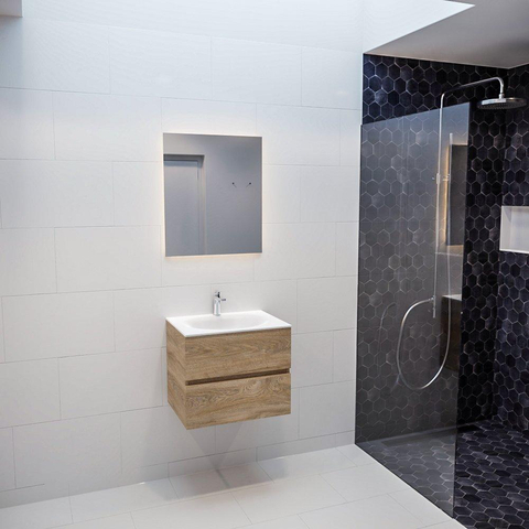 MONDIAZ VICA Ensemble de meuble salle de bain - 60cm - 2 tiroirs - lavabo Moon central - 1 trou de robinet - solid surface chêne blanchi SW409846