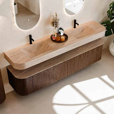 MONDIAZ THOR-DLUX 200cm meuble de salle de bains arrondi à gauche + à droite couleur Noyer avec 2 tiroirs et 2 portes. Lavabo suspendu CLOUD Double 2 trous de robinet couleur Saba. SW1467232