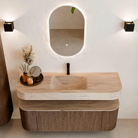 MONDIAZ THOR-DLUX 140cm badmeubel ronding links + rechts kleur Walnut met 1 lade en 2 deuren. Vrijhangende wastafel CLOUD Midden 1 kraangat kleur Saba. SW1464339