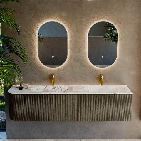 Mondiaz KURVE-DLUX Ensemble de meuble de salle de bains - 175x46x40cm - 2 tiroirs - 1 porte - lavabo solid surface - double / droite - 2 trous de robinet - Shadow SW1414605