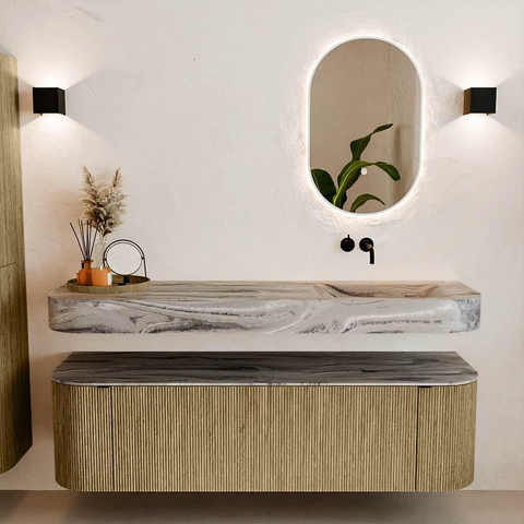 MONDIAZ THOR-DLUX 160cm meuble de salle de bains arrondi gauche + droite couleur Dusk avec 1 tiroir et 2 portes. Vasque suspendue CLOUD Droite sans trou de robinet couleur Sombra. SW1465390