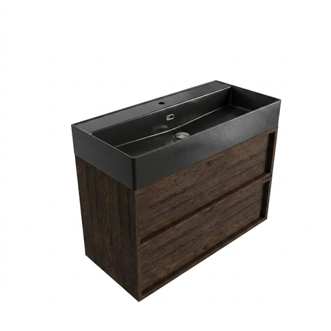 Saniclass Holz Frame Ensemble meuble de salle de bains - 100x45x72cm - Legend lavabo en céramique noir mat - 1 vasque - 1 trou de robinetterie - 2 tiroirs - chêne charcoal mat (bois) SW1580101