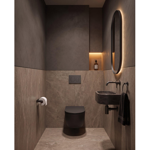 QeramiQ Dely Swirl Toiletset - 36.3x51.7cm - Geberit UP320 inbouwreservoir - met Burda frame - slim zitting - bedieningsplaat licht grijs - ronde knoppen - mat zwart SW1164798