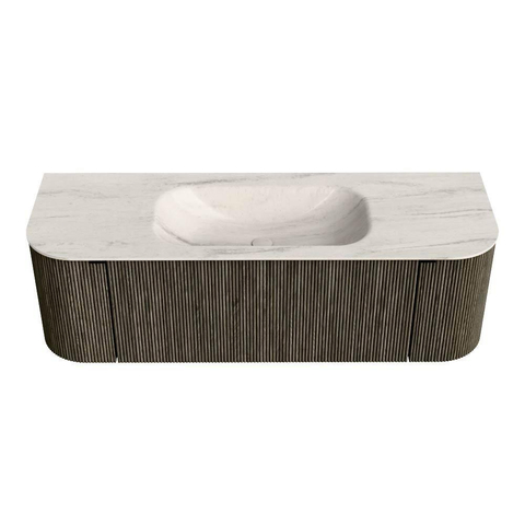 MONDIAZ KURVE-DLUX 140cm badmeubel ronding Links + Rechts kleur Shadow met 1 lade en 2 deuren. Wastafel BIG SMALL Midden 1 kraangat Meli. SW1431809