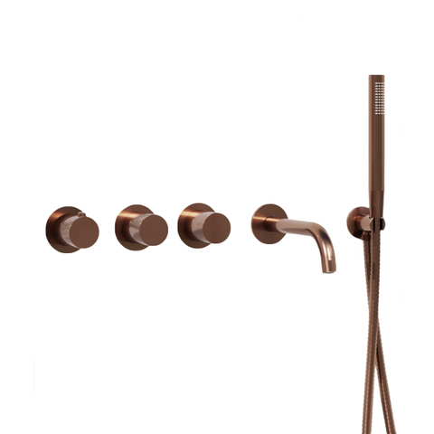 Fortifura Nebbio Badcombinatie-set - thermostaatkraan - wandaansluitbocht - met handdouchehouder - metalen doucheslang - staaf handdouche - uitloop - PVD - geborsteld koper SW1238098