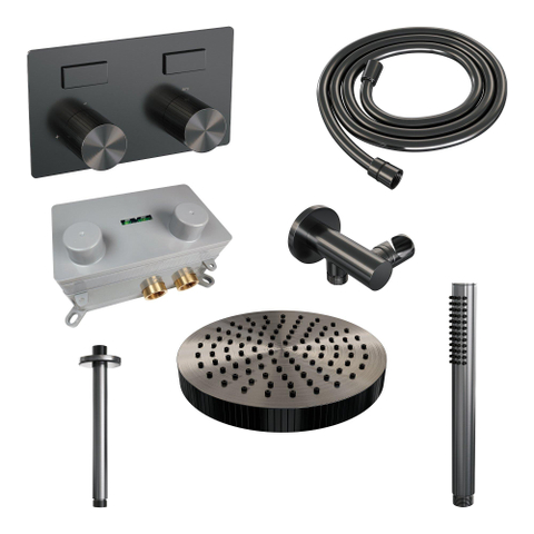 BRAUER Stripe Douche de tête thermostatique encastrée - boutons-poussoirs - SET 27 - pomme de douche 25cm - bras plafond - douchette à main barre - flexible de douche - coude mural - gunmetal brossé PVD SW1435009