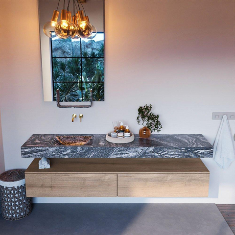 Mondiaz ALAN-DLUX Ensemble de meuble - 200cm - meuble Washed Oak mat - 2 tiroirs - Lavabo Cloud Lava suspendu - vasque Gauche - 0 trous de robinet SW808961