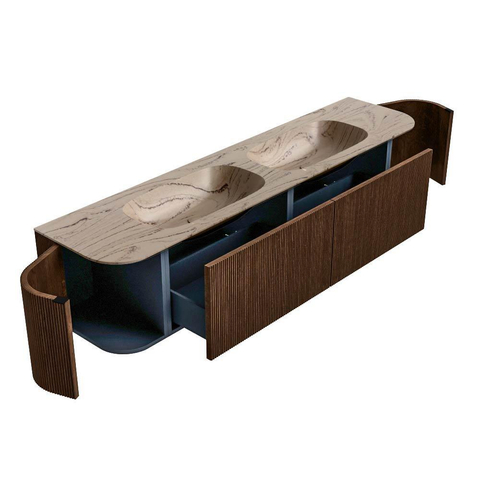 MONDIAZ KURVE-DLUX Meuble de salle de bains 190cm arrondi Gauche + Droite couleur Walnut avec 2 tiroirs et 2 portes. Lavabo STOR SMALL Double sans trou de robinet Arena. SW1431245