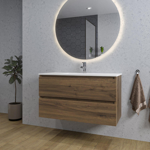Saniclass Chaci Meuble de salle de bain - 100x46x55cm - lavabo en céramique blanc - 1 vasque - 1 trou de robinet - 2 tiroirs - ronde miroir avec éclairage - noyer (hout) SW816283