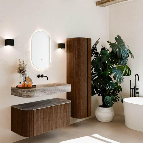 MONDIAZ THOR-DLUX Meuble de salle de bains - 100cm - arrondi gauche + droite - couleur Walnut - 1 tiroir et 2 portes - Vasque suspendue CLOUD Droite sans trou de robinet - couleur Oza SW1467576