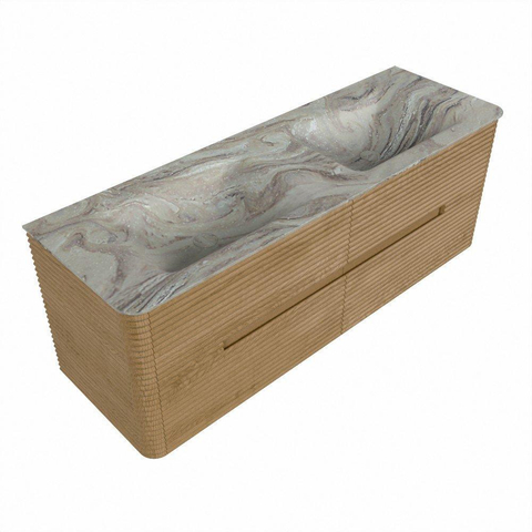 Mondiaz CIRO-DLUX Meuble de salle de bains - 140x45x50cm - Plan vasque solid surface Glace - 2 vasques Double - sans trous de robinet - 4 tiroirs - Chêne SW1530820