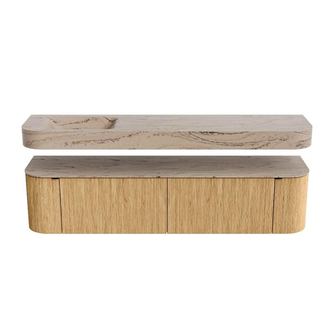 MONDIAZ THOR-DLUX 190cm meuble de salle de bains arrondi gauche + droite couleur Oak avec 2 tiroirs et 2 portes. Vasque suspendue CLOUD Gauche sans trou de robinet couleur Arena. SW1466573