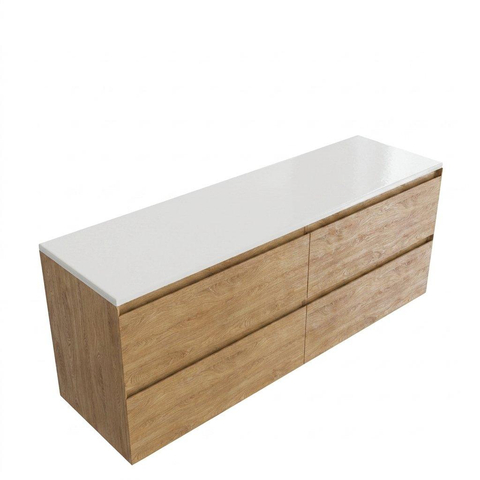 Saniclass Holz Pure Ensemble de meubles de salle de bains - 160x45x62,5cm - plan supérieur Torino en solid surface blanc - sans trou de robinetterie - 4 tiroirs - chêne natural mat (bois) SW1478832