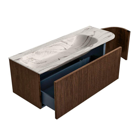 MONDIAZ KURVE-DLUX Meuble de salle de bains 125cm arrondi à droite couleur Walnut avec 1 tiroir et 1 porte. Lavabo BIG MEDIUM à gauche sans trou de robinet Nata. SW1432191