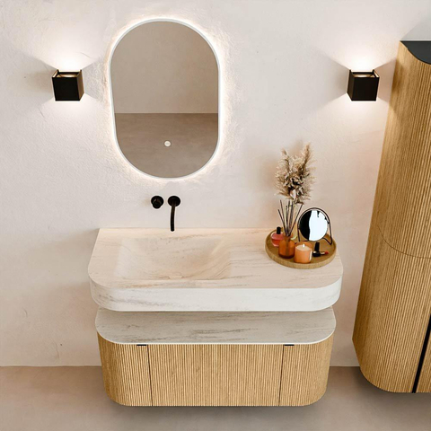 MONDIAZ THOR-DLUX Meuble de salle de bains 110cm arrondi gauche + droite couleur Oak avec 1 tiroir et 2 portes. Vasque suspendue CLOUD Gauche sans trou de robinet couleur Meli. SW1462914