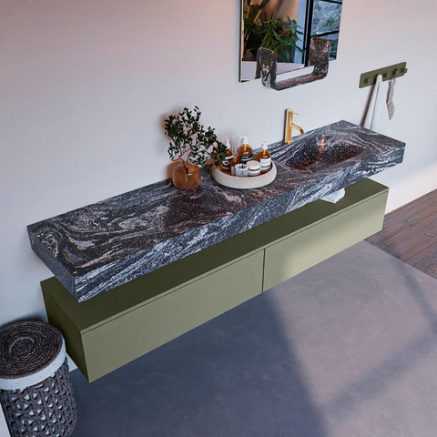 Mondiaz ALAN-DLUX Ensemble de meuble - 200cm - meuble Army mat - 2 tiroirs - Lavabo Cloud Lava suspendu - vasque Droite - 1 trou de robinet SW808466
