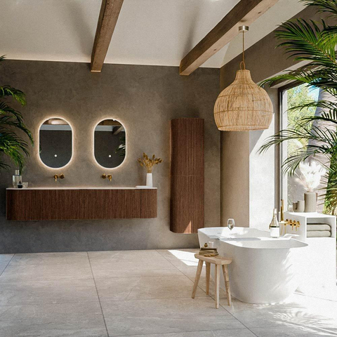 MONDIAZ KURVE-DLUX Meuble de salle de bains 200cm arrondi Gauche + Droite couleur Walnut avec 2 tiroirs et 2 portes. Lavabo STOR SMALL Double sans trou de robinet Meli. SW1431750