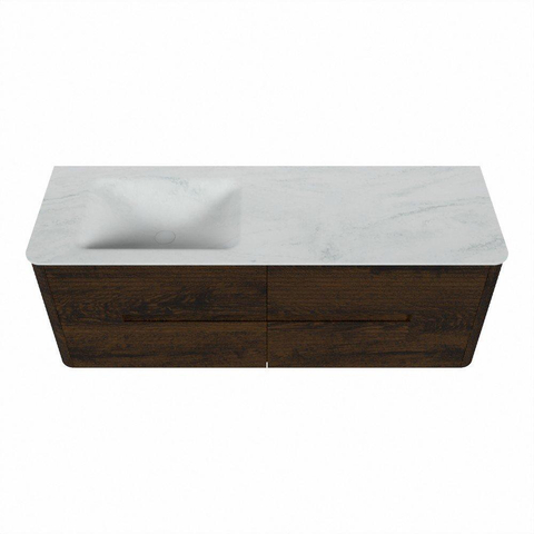 Mondiaz CIRO-DLUX Meuble de salle de bains - 140x45x50cm - Plan vasque solid surface Opalo - 1 vasque à gauche - 1 trou de robinet - 4 tiroirs - Noyer SW1530518