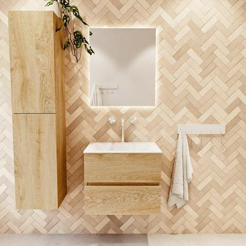 MONDIAZ VICA 60cm meuble sous lavabo Chêne blanchi 2 tiroirs. Lavabo CLOUD centre 1 trou de robinet, couleur Talc. SW1381808