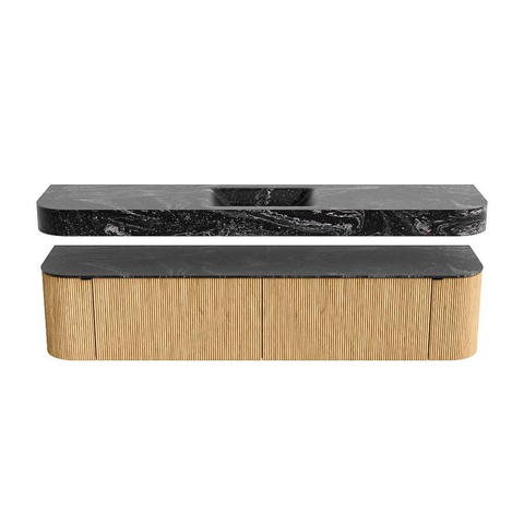 MONDIAZ THOR-DLUX Meuble de salle de bains - 200cm - arrondi gauche + droite - couleur Oak - 2 tiroirs - 2 portes - Vasque suspendue CLOUD Milieu 1 trou de robinet - couleur Lava SW1467014