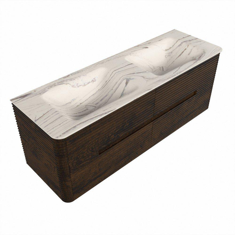 Mondiaz CIRO-DLUX Badkamermeubelset - 140x45x50cm - Solid surface wastafel Nata - 2 wasbak Dubbel - zonder kraangaten - 4 lades - Walnut SW1530593