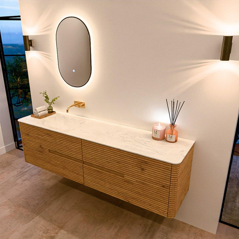 Mondiaz CIRO-DLUX Ensemble de meubles de salle de bains - 180x45x50cm - lavabo Solid surface Opalo - 1 vasque à gauche - sans trous de robinet - 4 tiroirs - Chêne SW1531042