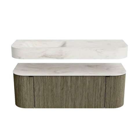MONDIAZ THOR-DLUX Meuble de salle de bains 130cm arrondi gauche + droite couleur Shadow avec 1 tiroir et 2 portes. Vasque suspendue CLOUD Gauche sans trou de robinet couleur Ostra. SW1463759