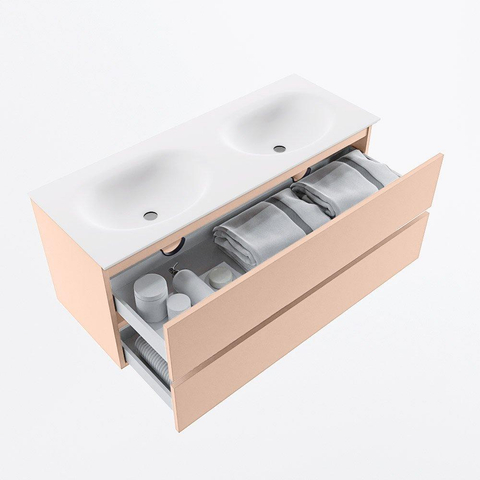MONDIAZ VICA Ensemble meuble de salle de bains - 120cm - meuble bas rosee- 2 tiroirs - vasque moon double - sans trous de robinet - version haute 60cm - talc SW1080348