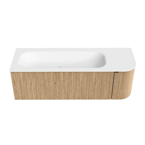 MONDIAZ KURVE 135cm badmeubel met module 25 R kleur Oak met 1 lade en 1 deur. Wastafel BIG MEDIUM links zonder kraangat Talc. SW1138198