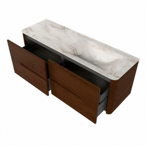 Mondiaz CIRO-DLUX Badkamermeubelset - 140x45x50cm - Solid surface wastafel Frappe - 1 wasbak Rechts - zonder kraangaten - 4 lades - Ruby SW1531328