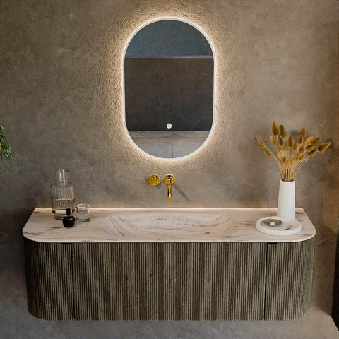 MONDIAZ KURVE-DLUX Meuble de salle de bains 140cm arrondi Gauche + Droite couleur Shadow avec 1 tiroir et 2 portes. Lavabo BIG SMALL Central sans trou de robinet Nata. SW1432301