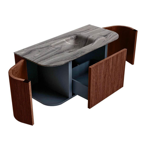 MONDIAZ KURVE-DLUX Meuble de salle de bains 100cm arrondi gauche + droite couleur Ruby avec 1 tiroir et 2 portes. Lavabo GRUNNE central 1 trou de robinet Sombra. SW1433921