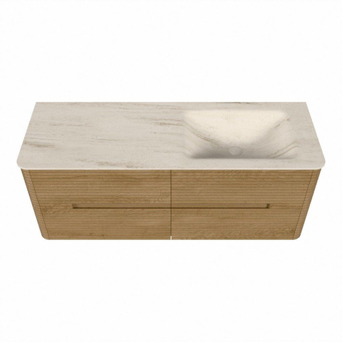 Mondiaz CIRO-DLUX Meuble de salle de bains - 130x45x50cm - Plan vasque solid surface Meli - 1 lavabo à droite - 1 trou de robinetterie - 4 tiroirs - Chêne SW1531391